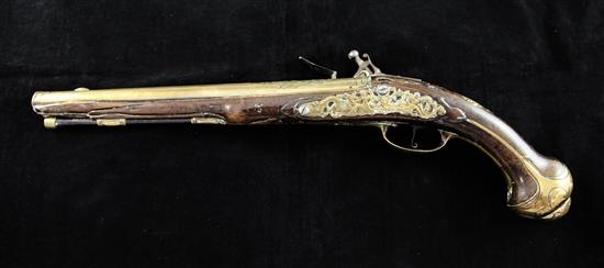 A late 17th century Dutch flintlock holster pistol, overall 19.75in.